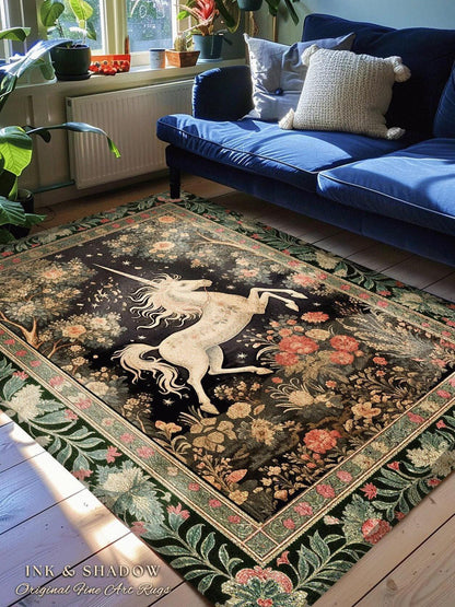 Mystical Folklore Unicorn Round Rug | Whimsical Decor Morris Inspired Cottagecore Aesthetic Pastel Floral Woodland Fairycore Large Area Rug