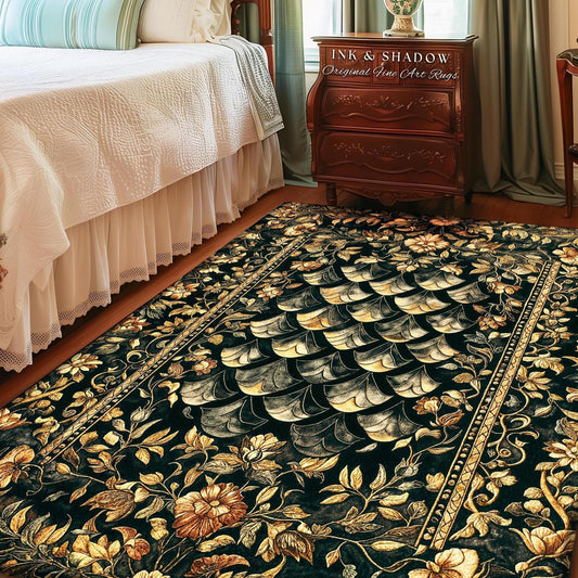 Gothic Dragon Scale Ornate Area Rug | Eclectic Dark Academia Home Accent Rug Whimsical Moody Botanical Golden Aesthetic Fantasy Themed Art