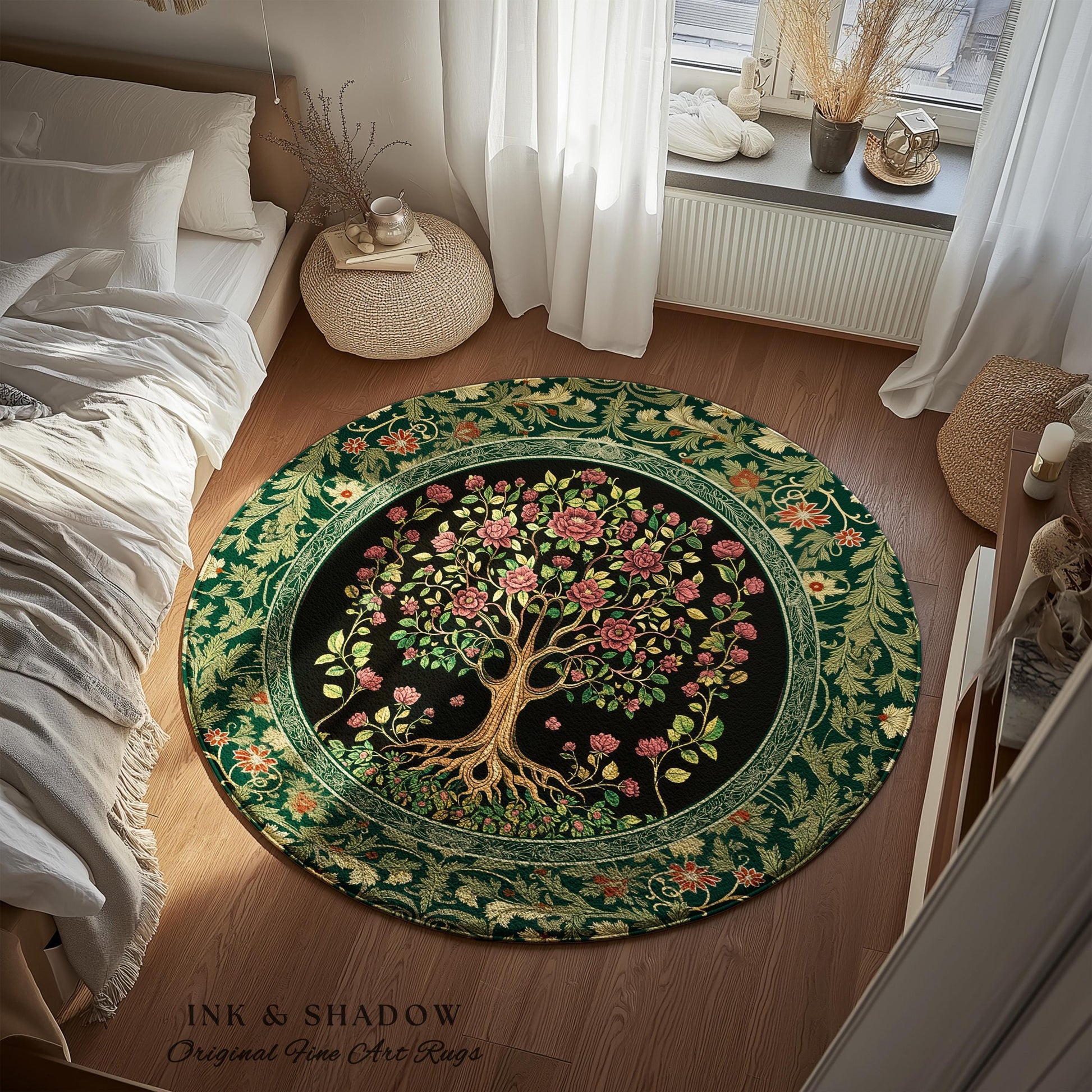 Floral Victorian Garden Tree Rug | Baroque Floral Design Folk Art Inspired Medieval Botanical Decor Romantic Rococo Cottagecore Accent Rug |