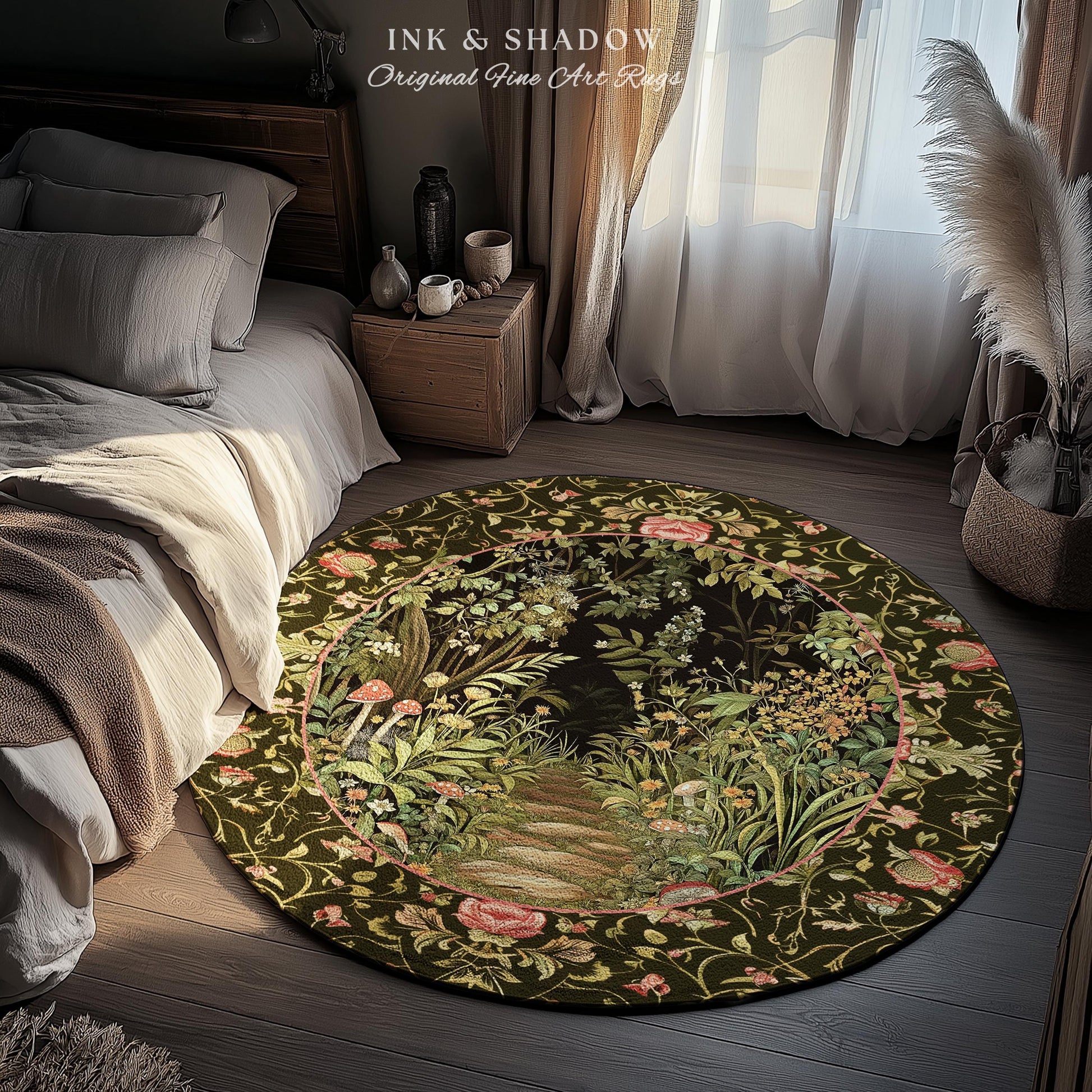 Toadstool Forest Mystical Mushroom Rug | Dark Academia Folklore Forest Inspired Fairycore Botanical Aesthetic Accent Rug Magical Medieval