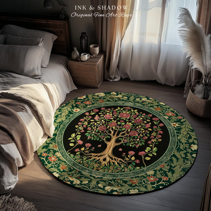 Floral Victorian Garden Tree Rug | Baroque Floral Design Folk Art Inspired Medieval Botanical Decor Romantic Rococo Cottagecore Accent Rug |