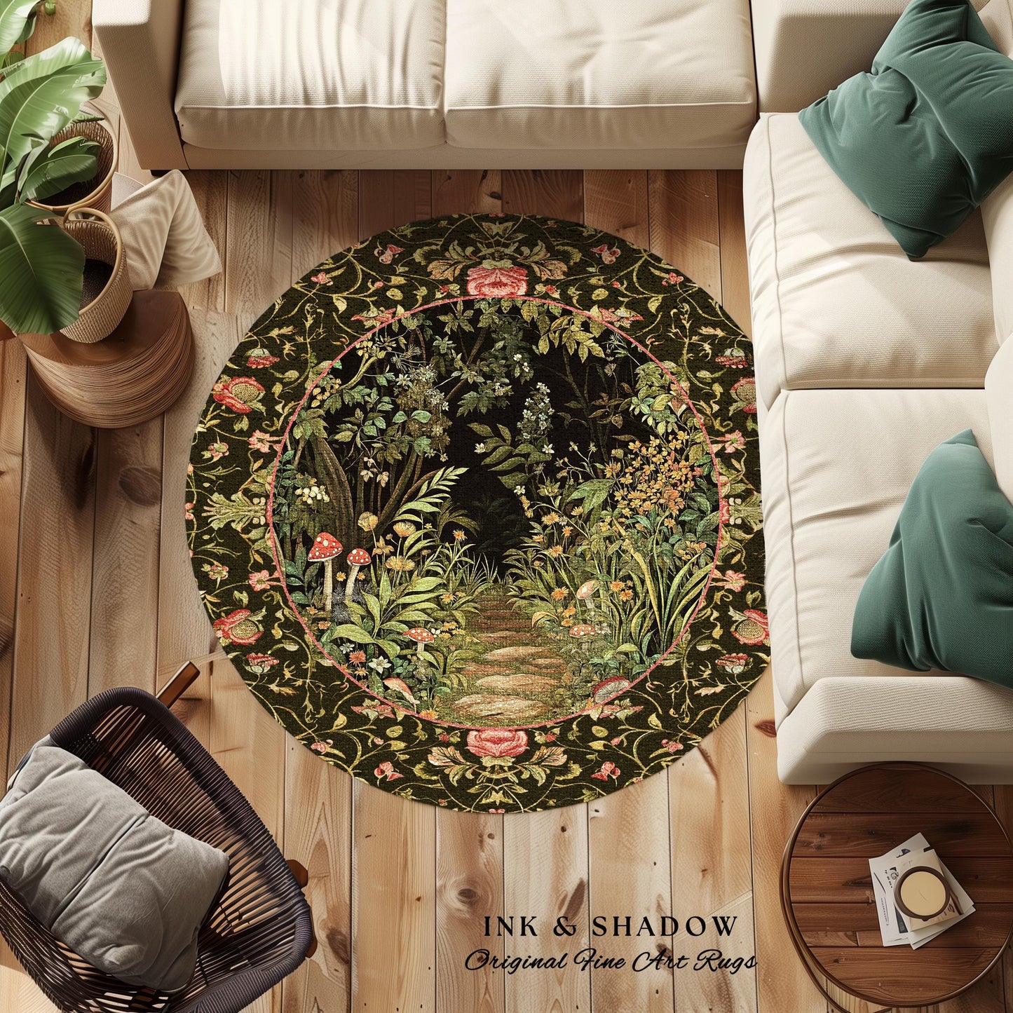 Toadstool Forest Mystical Mushroom Rug | Dark Academia Folklore Forest Inspired Fairycore Botanical Aesthetic Accent Rug Magical Medieval
