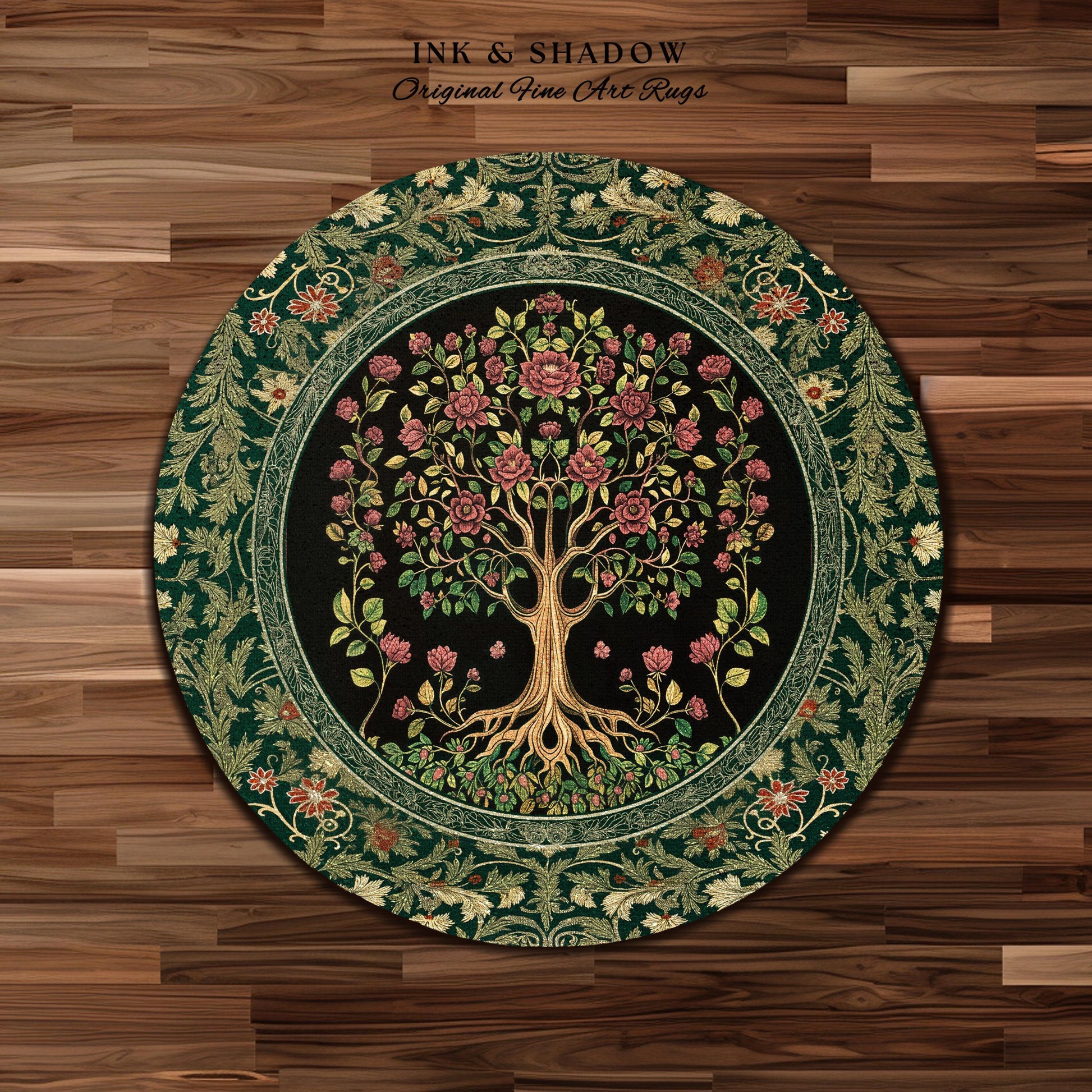 Floral Victorian Garden Tree Rug | Baroque Floral Design Folk Art Inspired Medieval Botanical Decor Romantic Rococo Cottagecore Accent Rug |