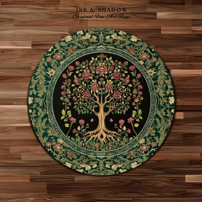 Floral Victorian Garden Tree Rug | Baroque Floral Design Folk Art Inspired Medieval Botanical Decor Romantic Rococo Cottagecore Accent Rug |