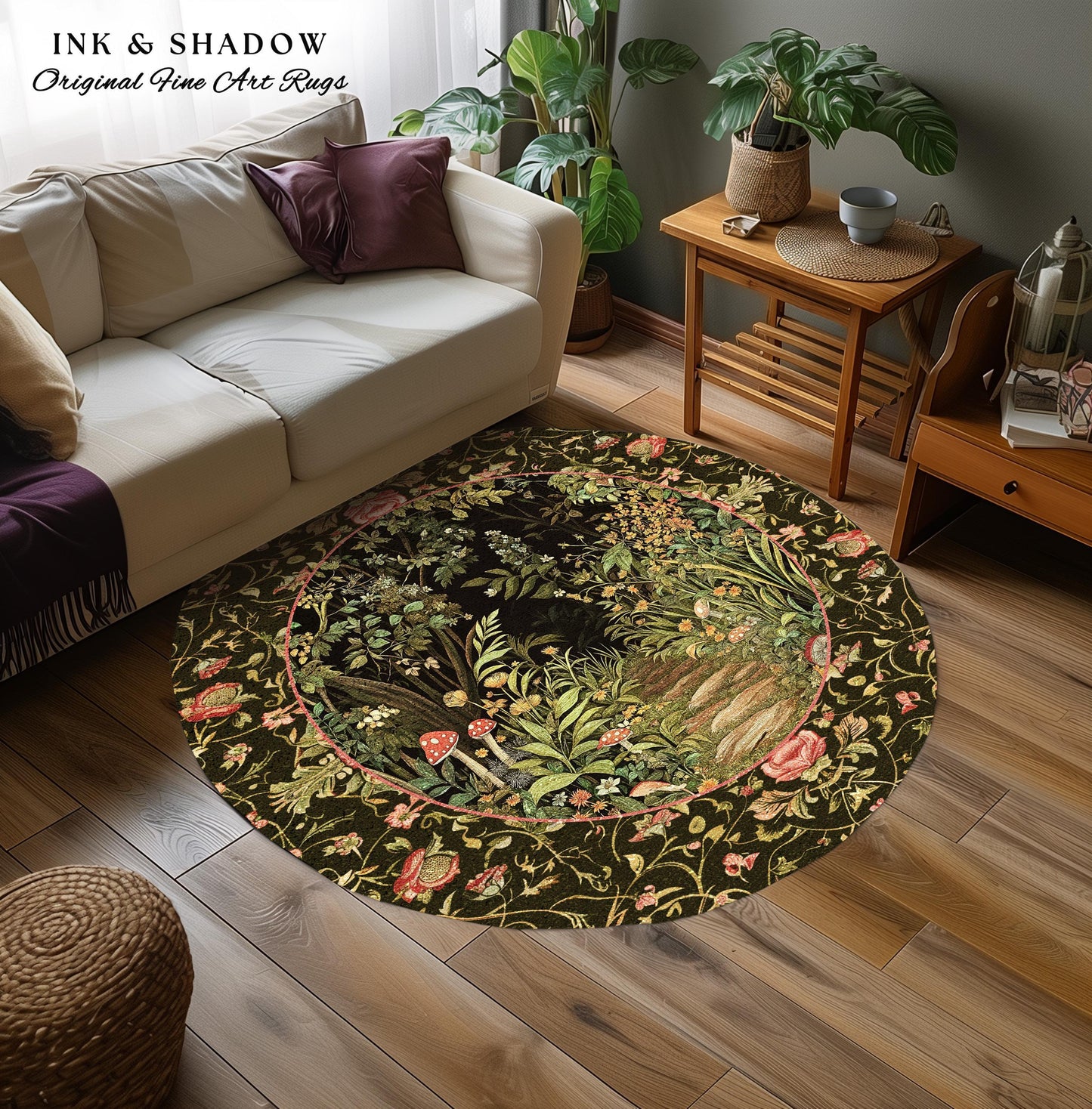 Toadstool Forest Mystical Mushroom Rug | Dark Academia Folklore Forest Inspired Fairycore Botanical Aesthetic Accent Rug Magical Medieval
