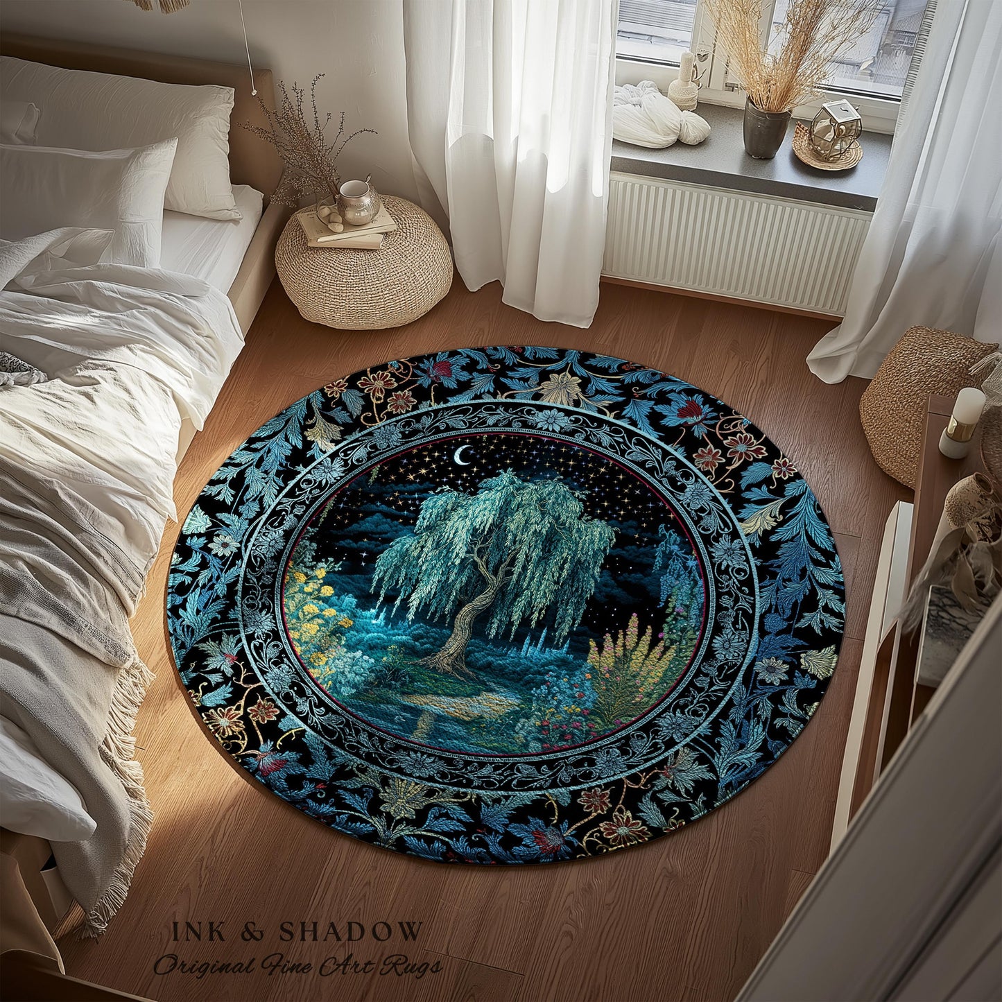 Starry Night Weeping Willow Tree Rug | Woodland Folklore Aesthetic Moonlit Castle Fairytale Decor Ethereal Witchy Home Interior Accent Boho