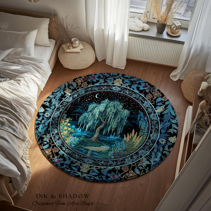 Starry Night Weeping Willow Tree Rug | Woodland Folklore Aesthetic Moonlit Castle Fairytale Decor Ethereal Witchy Home Interior Accent Boho