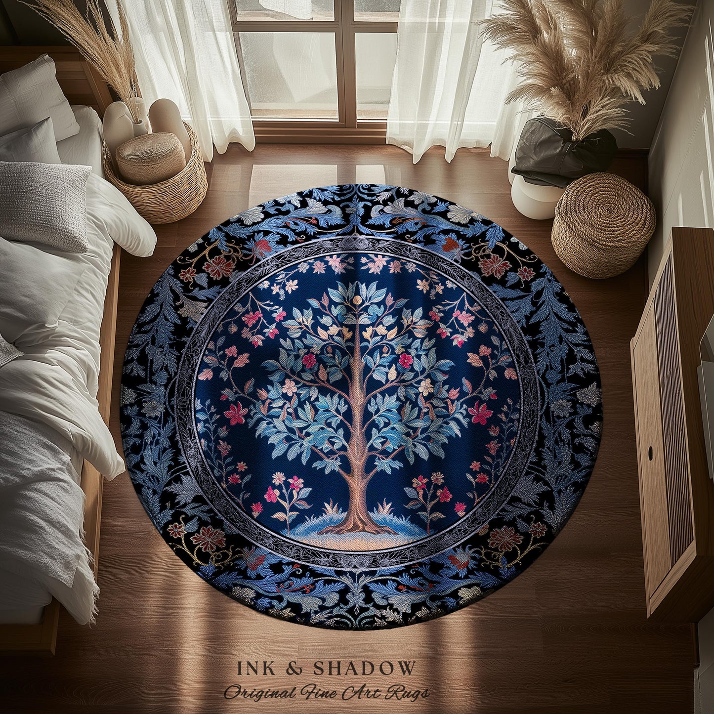 Dark Woodland Rich Baroque Tree of Life Rug | Intricate Garden Decor Romantic Baroque Floral Accent Morris Inspired Woodland Folk Art Style