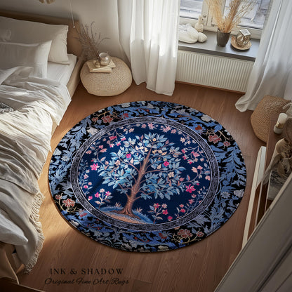 Dark Woodland Rich Baroque Tree of Life Rug | Intricate Garden Decor Romantic Baroque Floral Accent Morris Inspired Woodland Folk Art Style