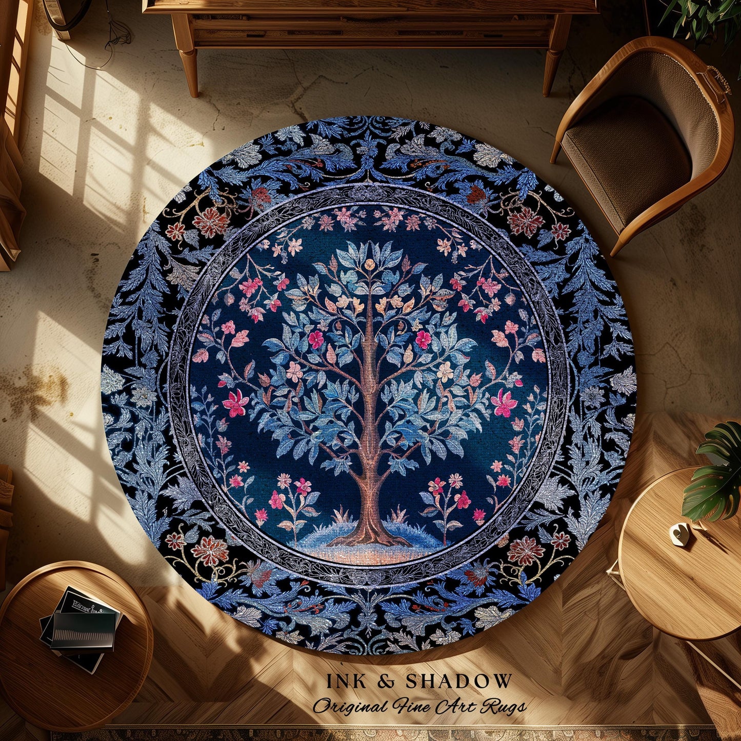 Dark Woodland Rich Baroque Tree of Life Rug | Intricate Garden Decor Romantic Baroque Floral Accent Morris Inspired Woodland Folk Art Style