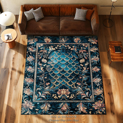 Midnight Navy Royal Accent Rug | Dragon Scale Art Deco Eclectic Ornate Bedroom Area Rug Dark Academia Maximalist Floral Fantasy Aesthetic |
