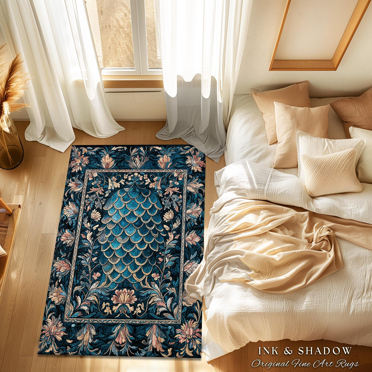 Midnight Navy Royal Accent Rug | Dragon Scale Art Deco Eclectic Ornate Bedroom Dark Academia Maximalist Floral Fantasy Aesthetic Home Decor