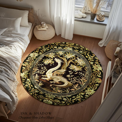 Woodland Gothic White Dragon Round Area Rug Enchanted Forest Decor | Mystical Dark Academia Whimsical Fantasy Forestcore Dark Nature Decor