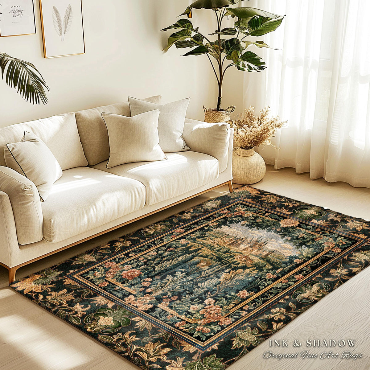 Rustic Floral Landscape Coquette Maximalist Castle Rug Dark Academia Victorian Royal Decor | Fantasy Princess Medieval Home Woodland Accent