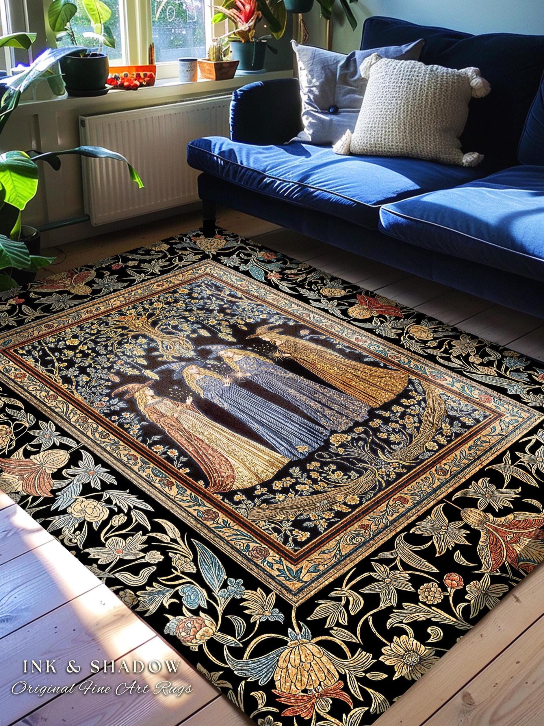 Celestial Witches Gothic Bedroom Rug | Dreamy Maiden Forest Enchantment Floral Magic Coven Witchy Area Rug Folk Tale Sisterhood Art Bohemian