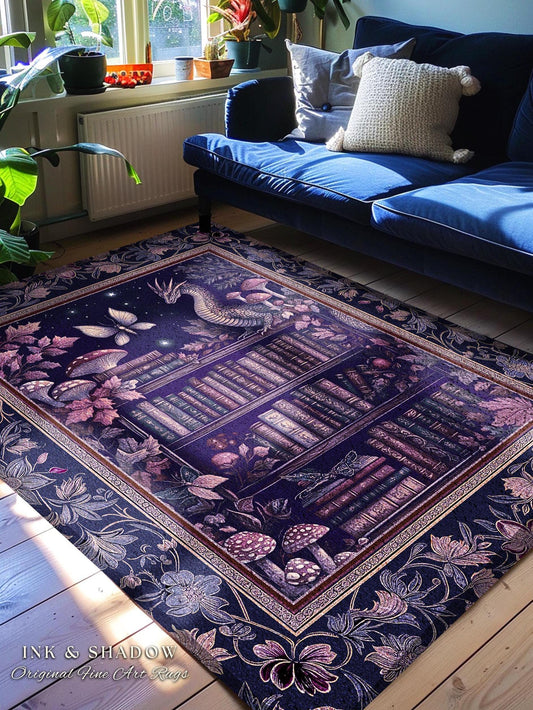 Fairytale Books & Dragon Rug Mystical Cottagecore Purple Decor | Whimsical Witchy Reading Nook Enchanted Victorian Academia Art Area Rug