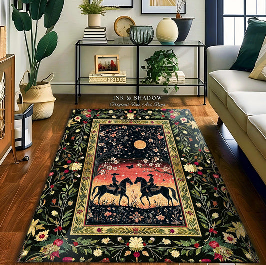 May include: A black and gold area rug with a floral border and a central image of two riders on horseback under a full moon. The rug has the text 'INK & SHADOW Original Fine Art Rugs' in the top center.