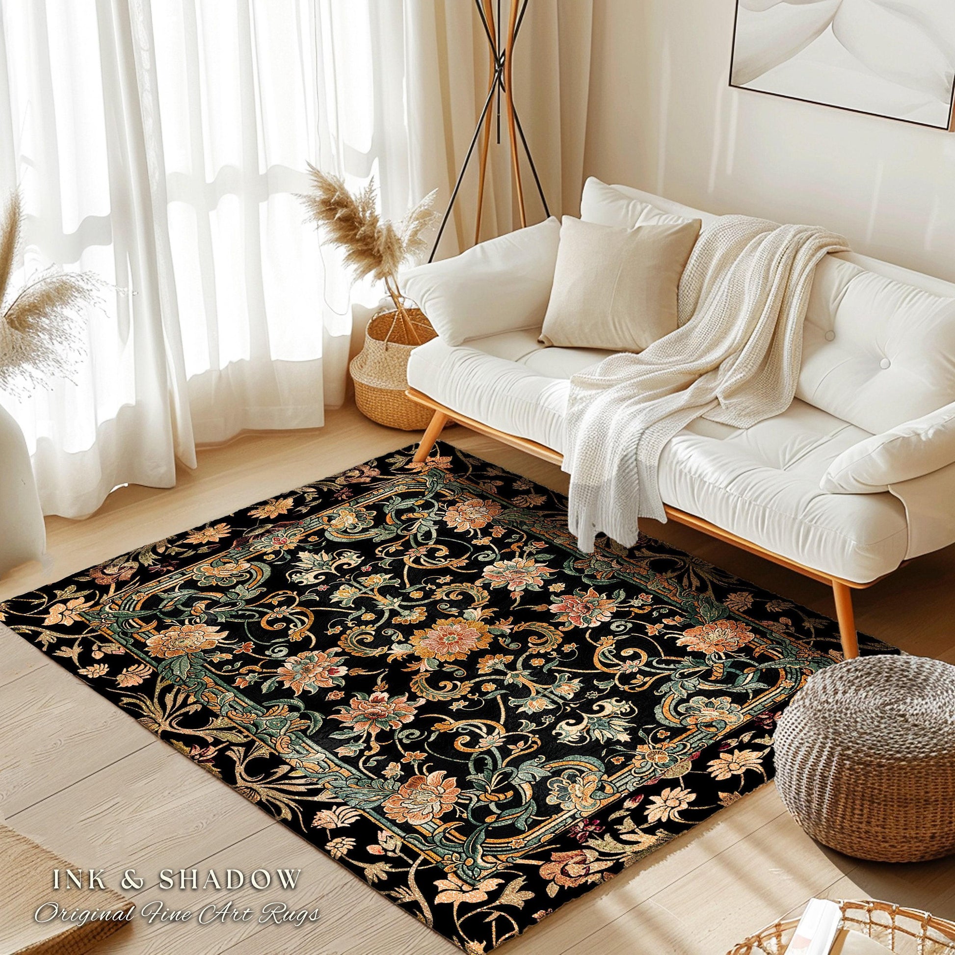 Dark Floral Victorian Rug | Wildflower Aesthetic Living Room Gothic Home Decor Rustic Housewarming Gift Dark Academia Bedroom Folklore Decor