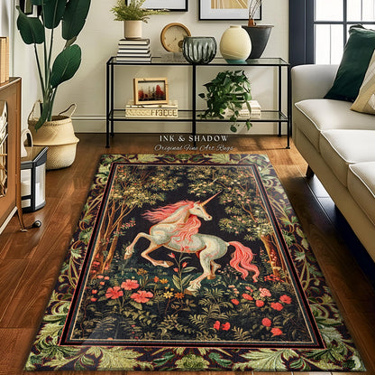 Whimsical Enchanted Unicorn Round Rug Victorian Gothic Dark Cottagecore Decor, Renaissance Folklore Accent Baroque Fairytale Aesthetic Home