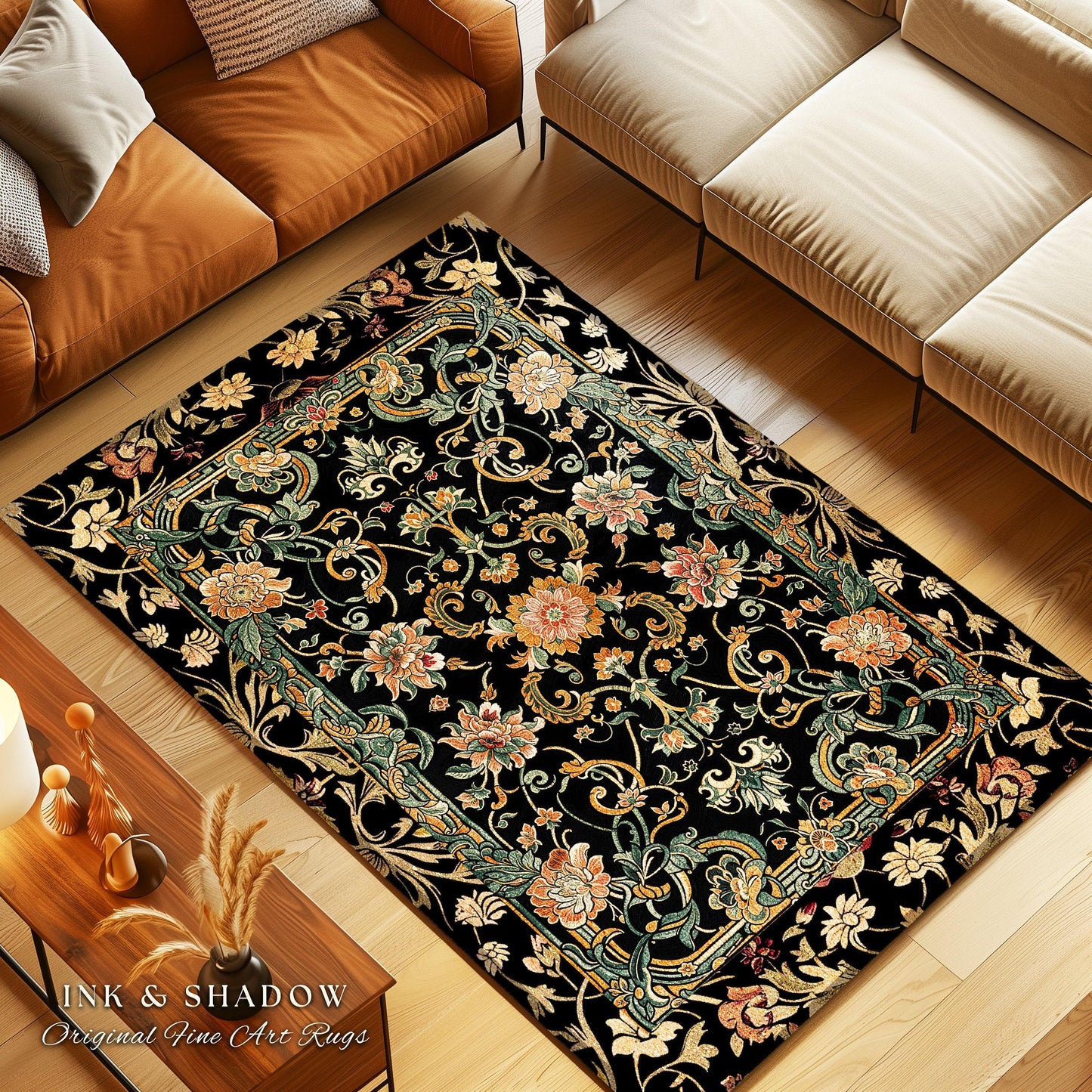 Dark Floral Victorian Rug | Wildflower Aesthetic Living Room Gothic Home Decor Rustic Housewarming Gift Dark Academia Bedroom Folklore Decor