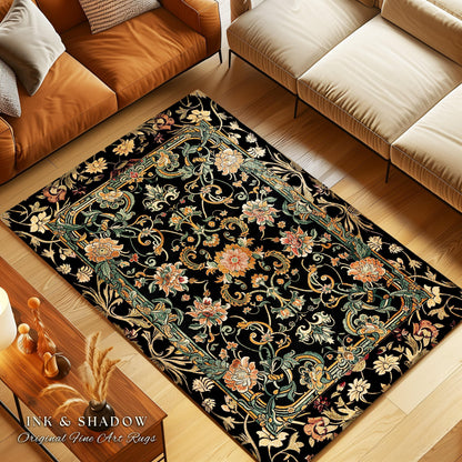 Dark Floral Victorian Rug | Wildflower Aesthetic Living Room Gothic Home Decor Rustic Housewarming Gift Dark Academia Bedroom Folklore Decor