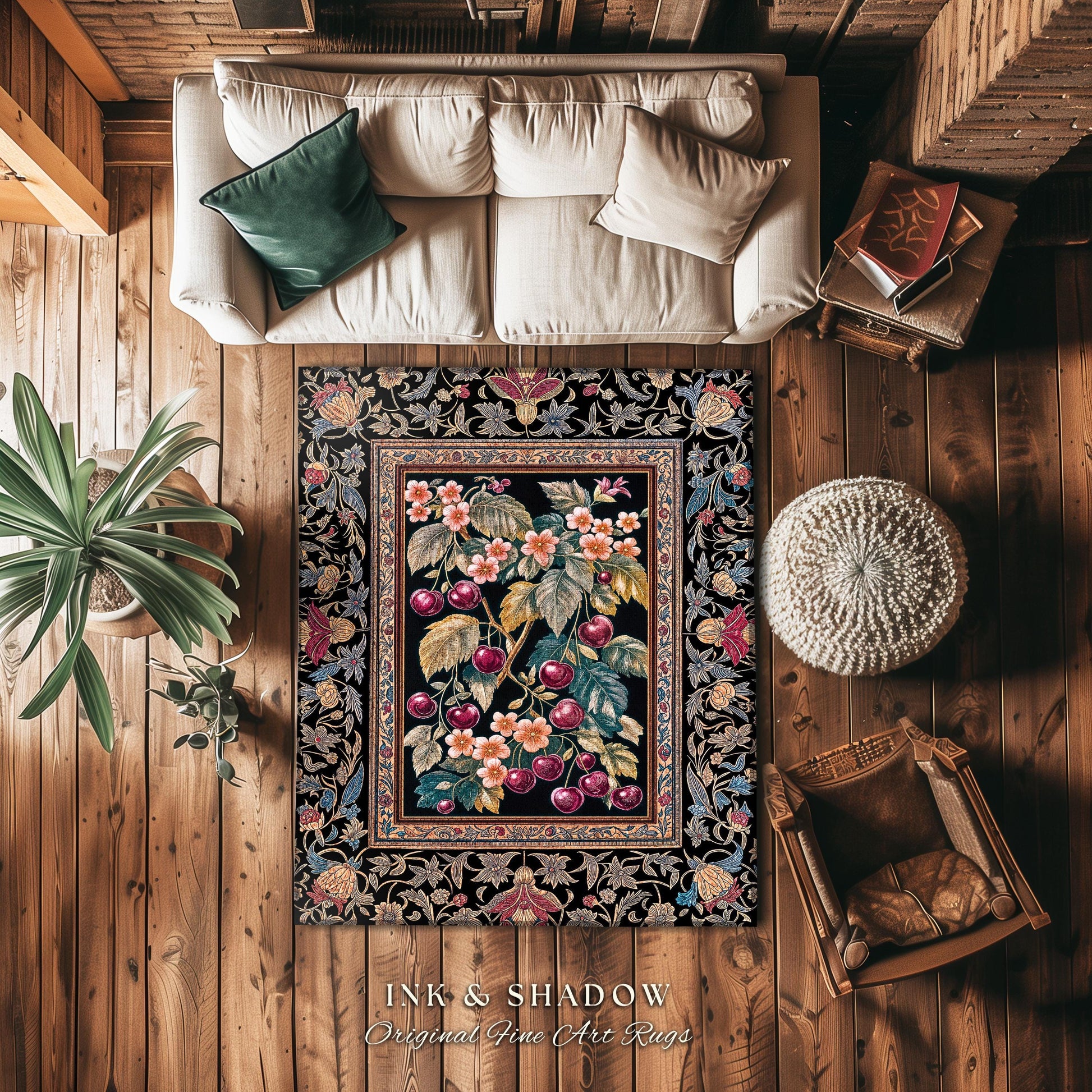 Dark Romantic Cherry Blossom Statement Runner Rug Vintage Botanical Art | Victorian Gothic Floral Garden Hallway Entry Runner Long Floor Mat