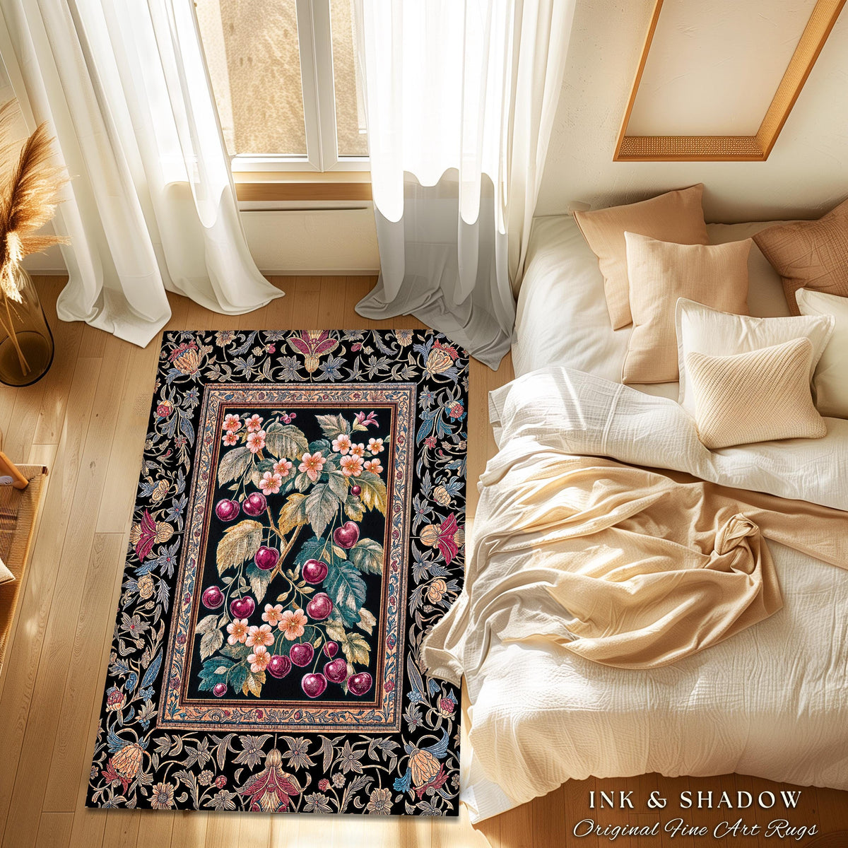 Dark Romantic Cherry Blossom Statement Runner Rug Vintage Botanical Art | Victorian Gothic Floral Garden Hallway Entry Runner Long Floor Mat
