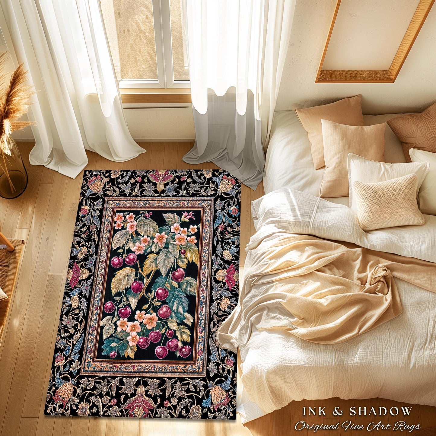 Dark Romantic Cherry Blossom Area Rug Vintage Botanical Art | Victorian Gothic Floral Garden Floor Accent Mat Moody Baroque Academia Decor
