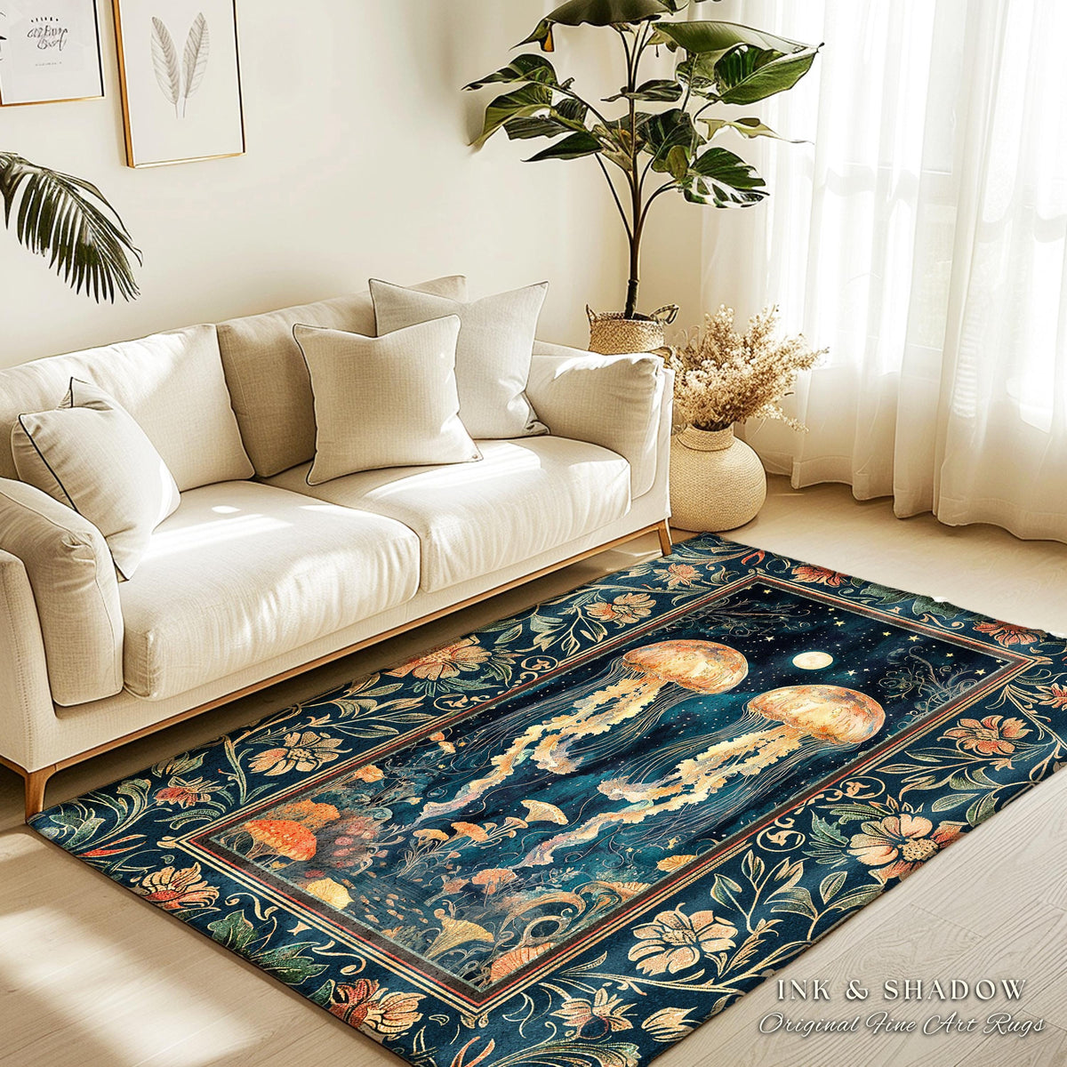 Ocean Gothic Jellyfish Cozy Area Rug | Celestial Costal Cottagecore Enchanted Whimsigothic Dark Floral Woven Tapestry Nautical Accent Rug |