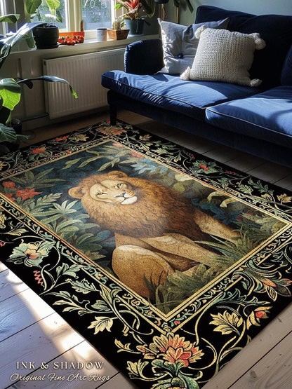 Lion Area Rug Botanical | Nature Inspired Room Decor William Morris Style Aesthetic Fairycore Boho Bedroom Rug Jungle Leopard Dark Floral