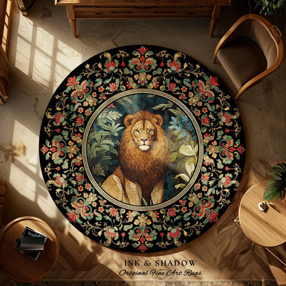 Lion Area Rug Botanical | Nature Inspired Room Decor William Morris Style Aesthetic Fairycore Boho Bedroom Rug Jungle Leopard Dark Floral