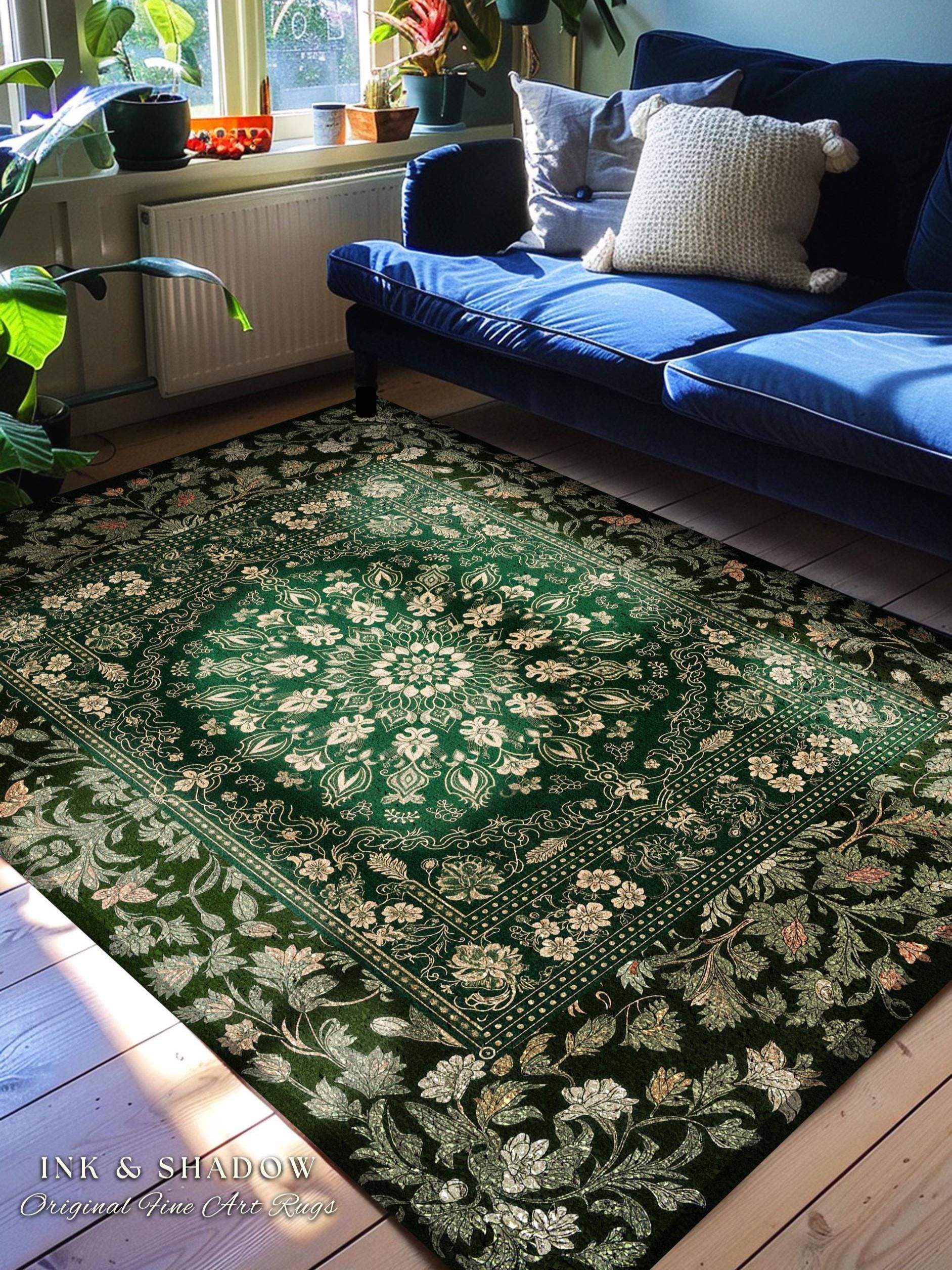 Mystic Dark Green Ornate Area Rug | Traditional Design Accent Rug Deep Emerald Living Room Baroque Gothic Dark Mystic Bedroom Decor Boho |