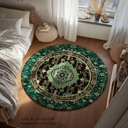 Dark Academia Emerald Round Statement Rug | Reading Nook Cozy Floor Rug Ornate Rug with Blue Green Detail Cottagecore Victorian Gothic Decor