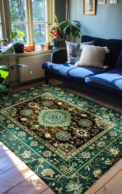 Dark Academia Emerald Round Statement Rug | Reading Nook Cozy Floor Rug Ornate Rug with Blue Green Detail Cottagecore Victorian Gothic Decor