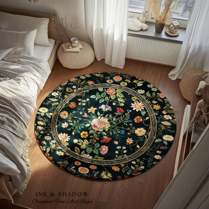 Dark Academia Wildflower Rug | Floral Aesthetic Ornate Gothic Home Decor Whimsical Rustic Housewarming Gift Dark Academia Ethereal Bedroom |