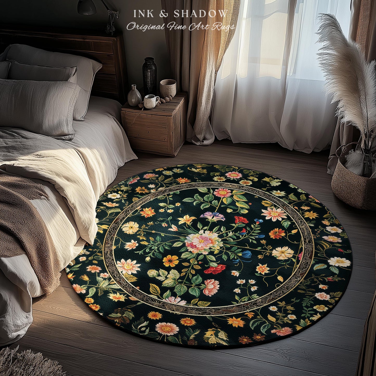 Dark Academia Wildflower Rug | Floral Aesthetic Ornate Gothic Home Decor Whimsical Rustic Housewarming Gift Dark Academia Ethereal Bedroom |