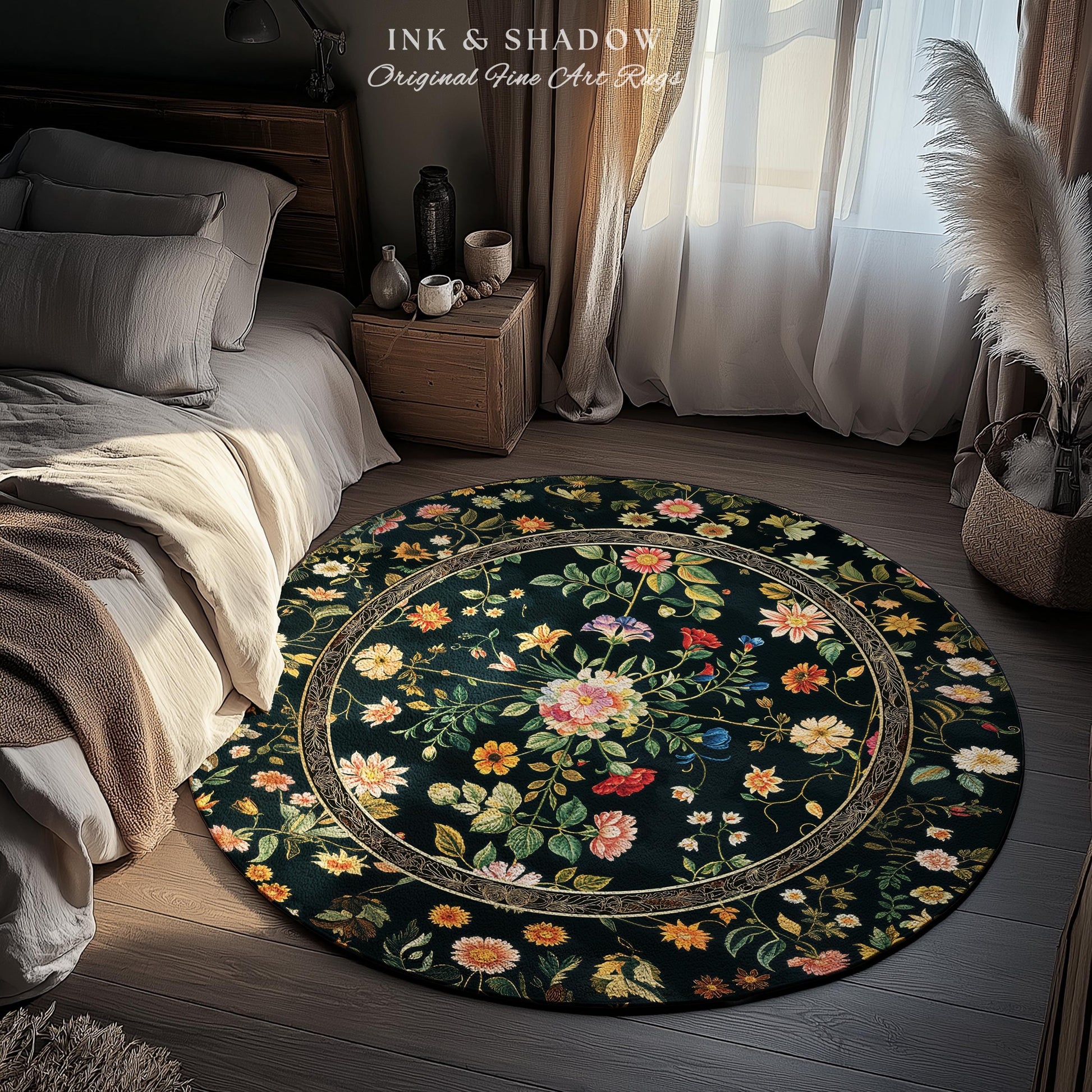 Dark Academia Wildflower Rug | Floral Aesthetic Ornate Gothic Home Decor Whimsical Rustic Housewarming Gift Dark Academia Ethereal Bedroom |