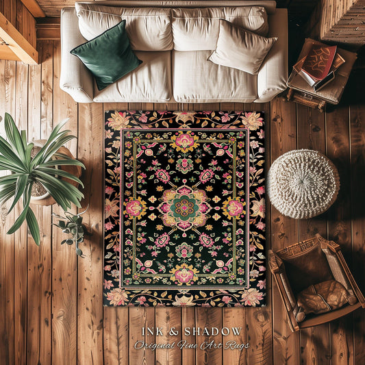 Maximalist Bohemian Area Rug | Dark Floral Aesthetic Living Room Home Decor Rustic Housewarming Gift Cottagecore Earth Tone Bedroom Mat