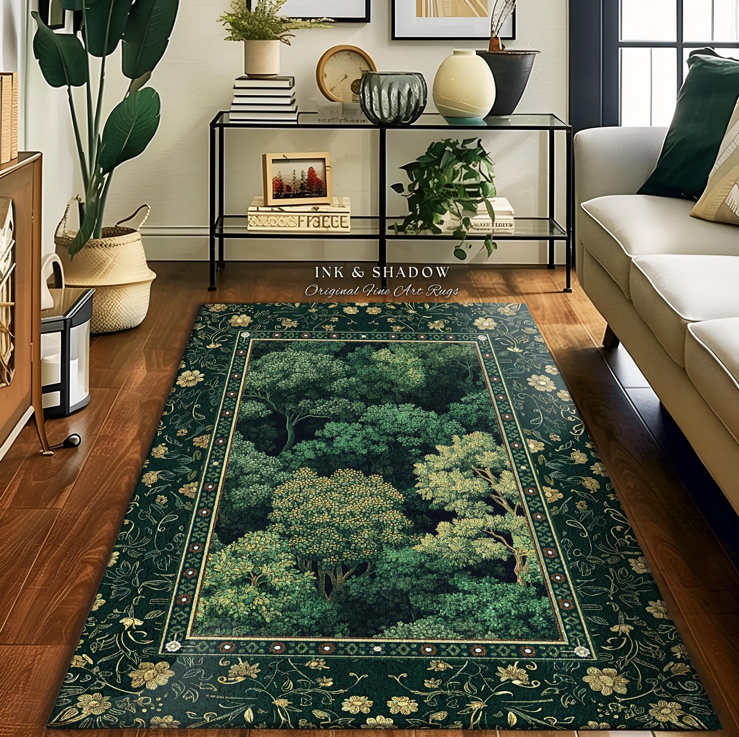 Lush Botanical Green Area Rug | Forest Theme Woodsy Aesthetic Living Room Green Home Decor Housewarming Gift Emerald Green Bedroom Floor Mat