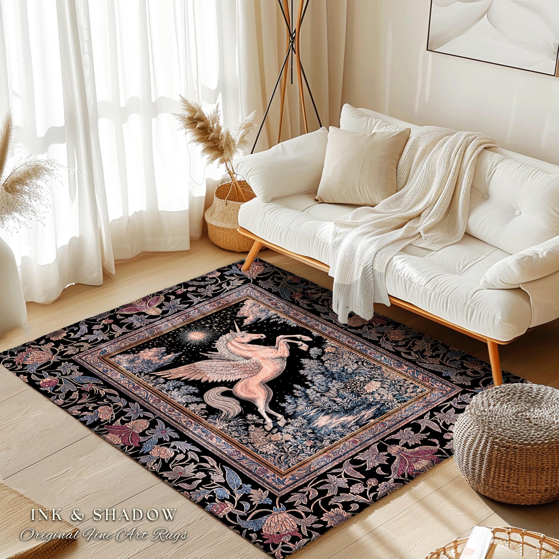 Fairytale Unicorn Fantasy Forest Area Rug | Maximalist Royalcore Decor Pink Castle Theme Gothic Bedroom Pegasus Baroque Fantasy Boho Accent