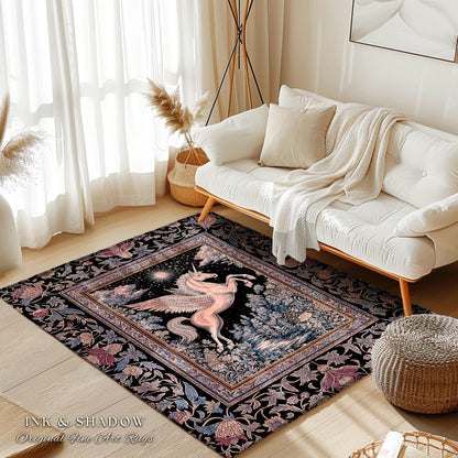 Fairytale Unicorn Fantasy Forest Area Rug | Maximalist Royalcore Decor Pink Castle Theme Gothic Bedroom Pegasus Baroque Fantasy Boho Accent
