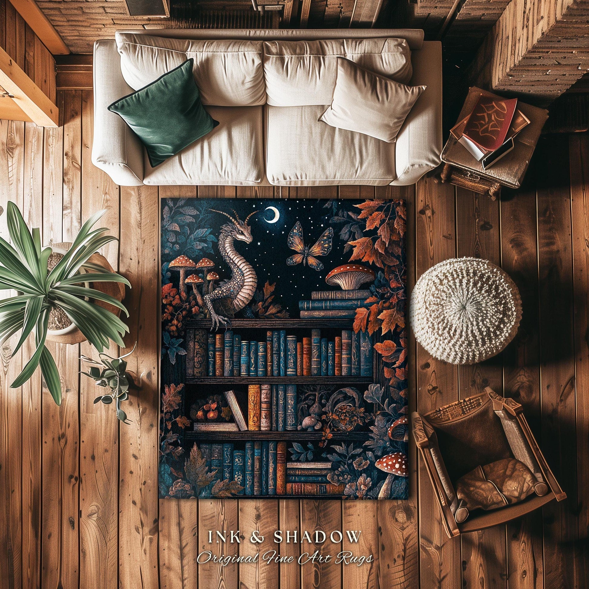 Mystical Woodland Dragon Rug Book Nook Decor | Fairytale Mushroom Cottagecore Vintage Fantasy Library Gothic Dark Academia Folklore Accent