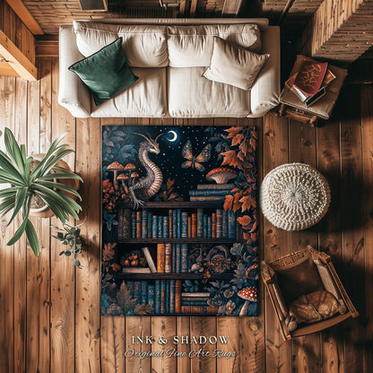 Mystical Woodland Dragon Rug Book Nook Decor | Fairytale Mushroom Cottagecore Vintage Fantasy Library Gothic Dark Academia Folklore Accent