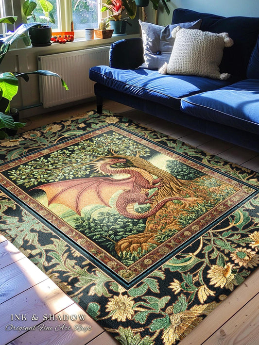 Victorian Gothic Dragon Area Rug | Dark Fairytale Aesthetic Whimsigothic Dark Academia Decor Crowcore Folklore Witchy Goblincore Home Accent