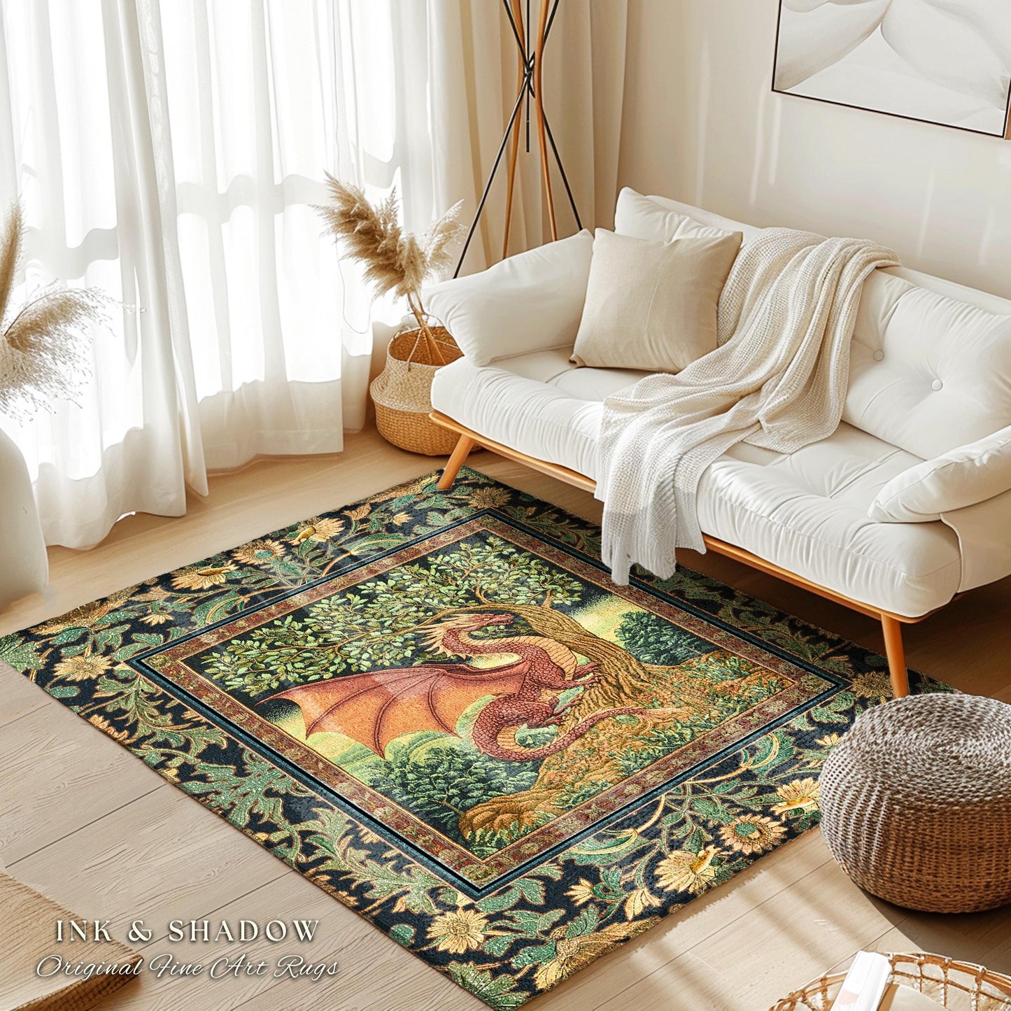 Victorian Gothic Dragon Area Rug | Dark Fairytale Aesthetic Whimsigothic Dark Academia Decor Crowcore Folklore Witchy Goblincore Home Accent