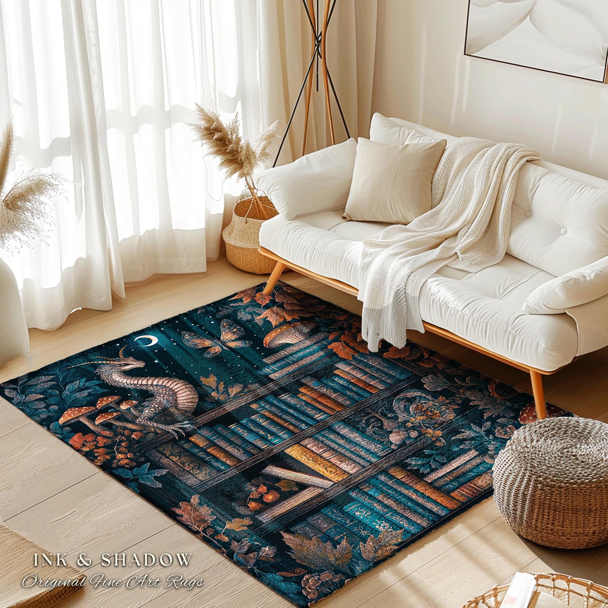 Mystical Woodland Dragon Rug Book Nook Decor | Fairytale Mushroom Cottagecore Vintage Fantasy Library Gothic Dark Academia Folklore Accent