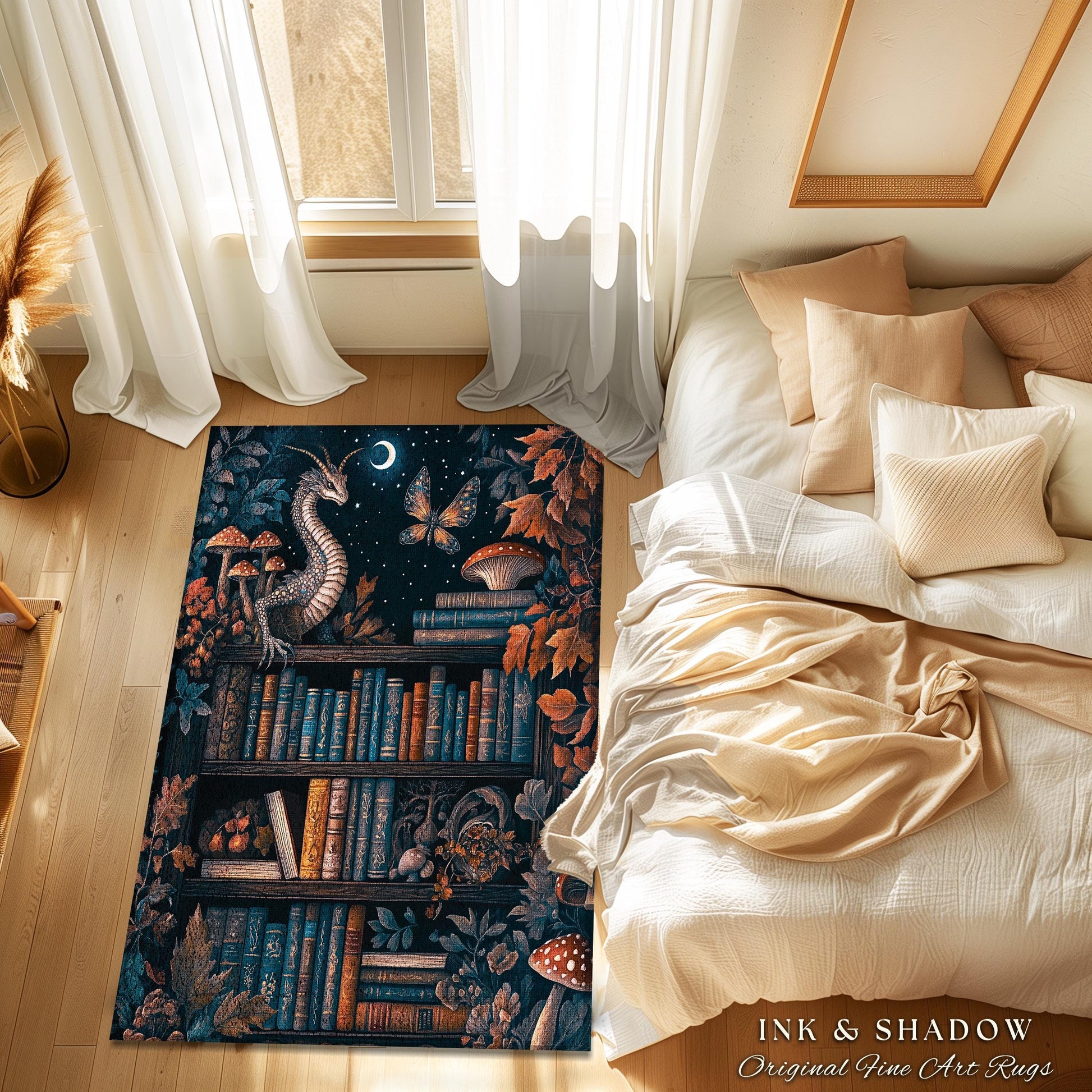Mystical Woodland Dragon Rug Book Nook Decor | Fairytale Mushroom Cottagecore Vintage Fantasy Library Gothic Dark Academia Folklore Accent
