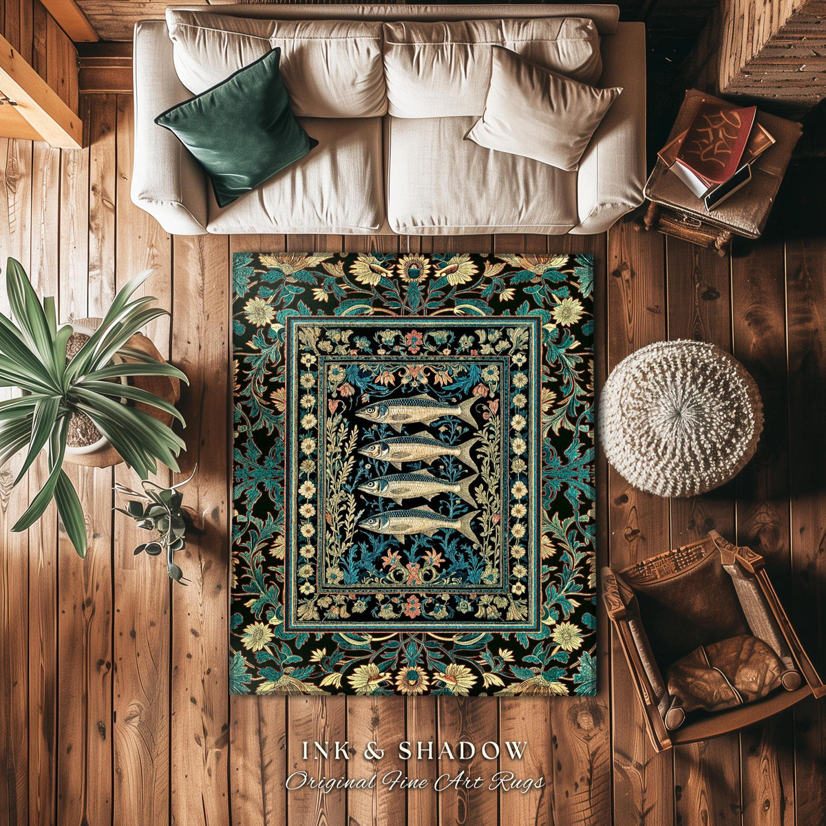 Dark Academia Fish Area Rug | Coastal Enchanted Marine Sardine Art Decor Vintage Nautical Whimsigothic Beach Cottagecore Rustic Home Accent
