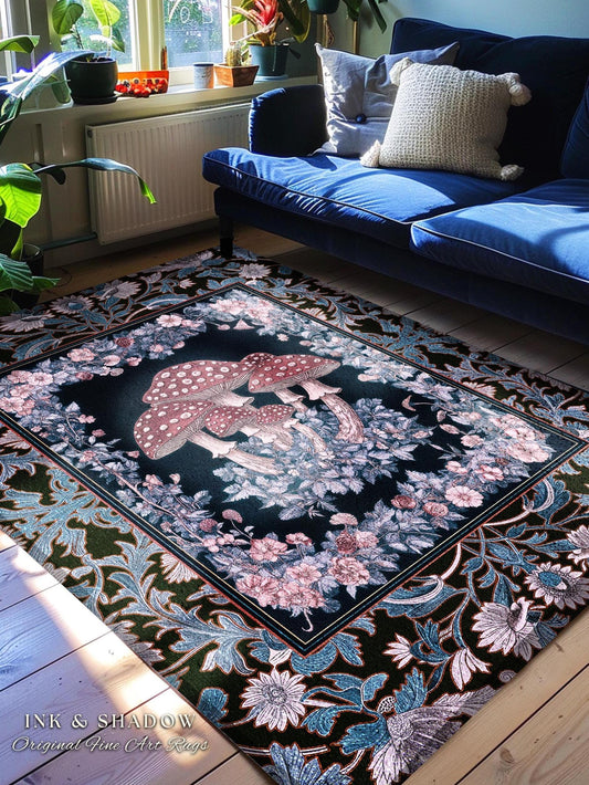 Foraging Fungi Mushroom Rug | Whimsical Eclectic Accent Rug for Fairy Aesthetic Bedroom Whimsigoth Decor Fairycore Area Rug Boho Toadstool