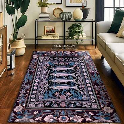 Sardine Area Rug Nautical Room Decor | Marine Life Home Accent Cozy Tapestry Coastal Underwater Design Ocean Inspired Cottagecore Style |